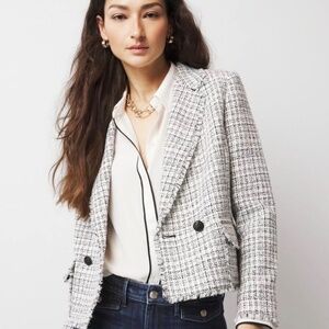 White House Black Market Cropped Tweed Jacket Black Ecru Crosshatch - Size 8